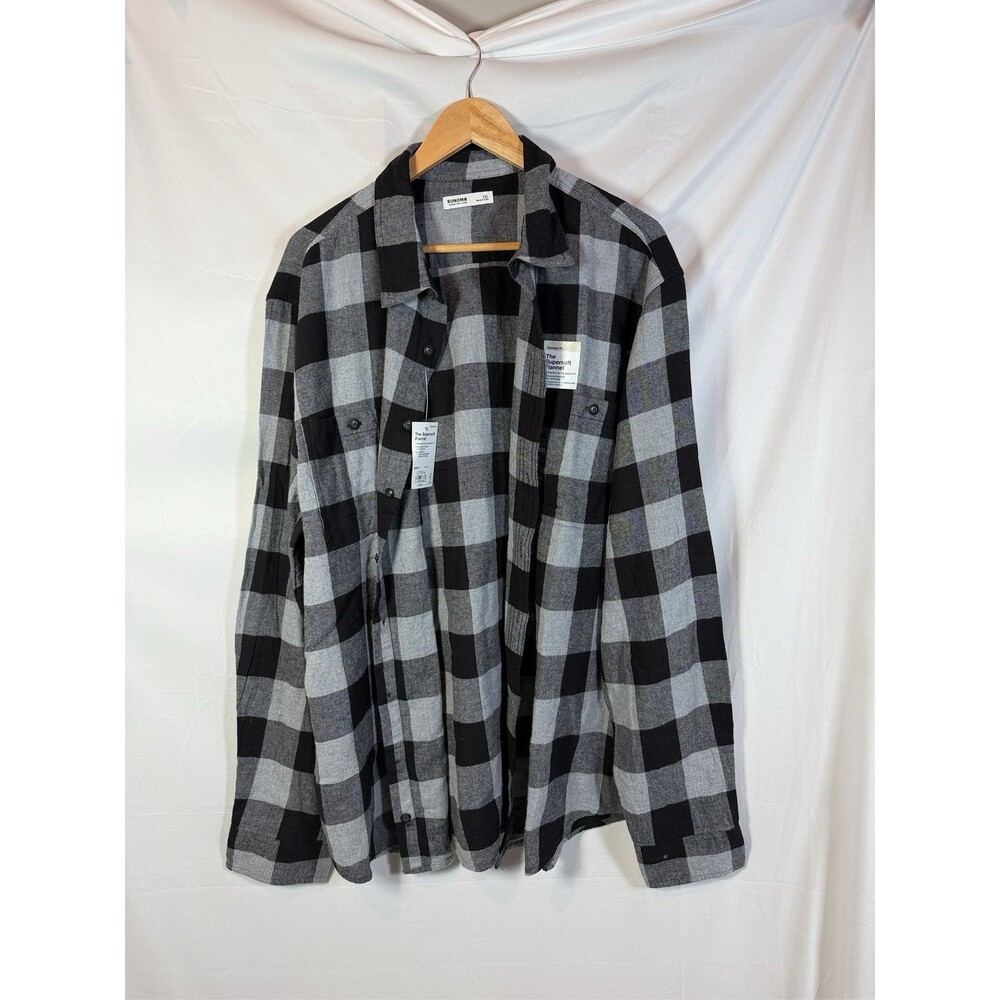 Sonoma Men's The Supersoft Flannel Shirt Gray Black Plaid Long Sleeve XXL